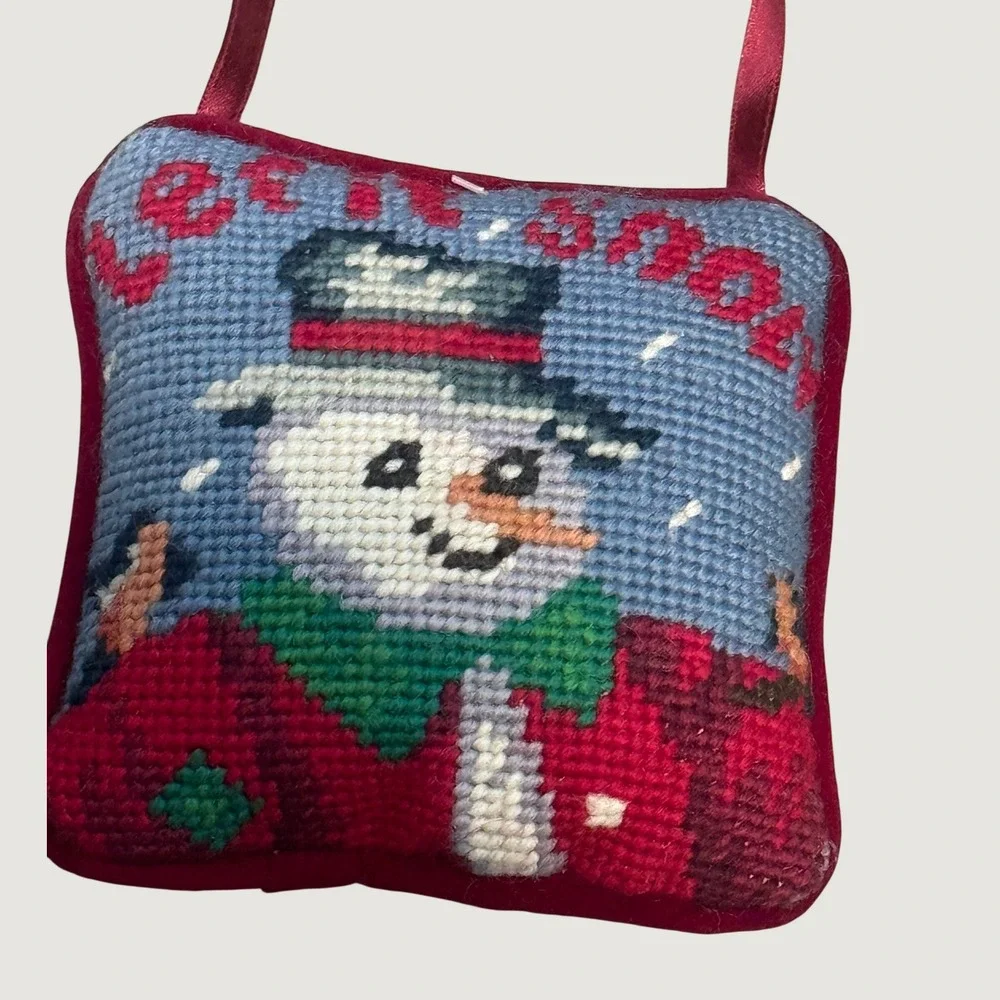 1995 Woolen Needlepoint Snowman Let It Snow Hanging Ornament Door Pillow